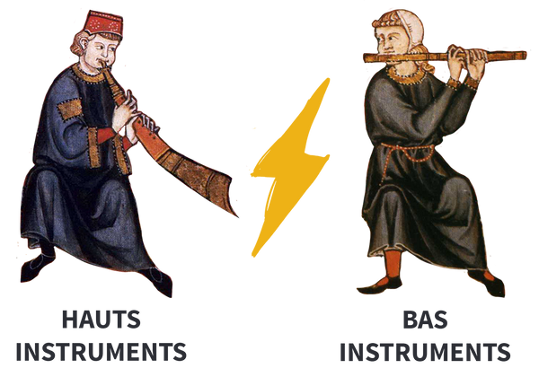 À gauche les bas instruments (ici un gros hautbois). À droite, les bras instruments (ici une flûte traversière).